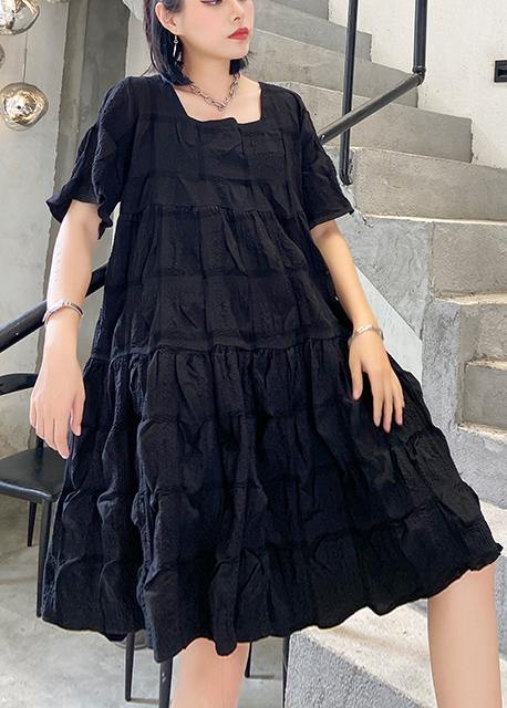 Style Black Cotton Tunic Dress Square Collar Cinched Oversized Summer Dresses