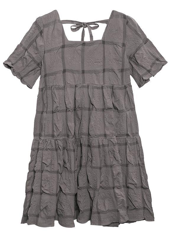 Style Black Cotton Tunic Dress Square Collar Cinched Oversized Summer Dresses