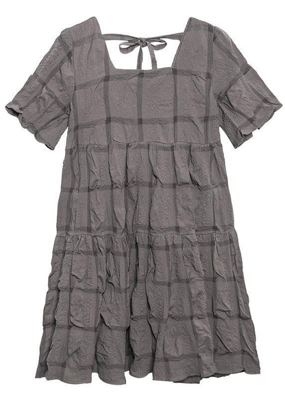 Style Black Cotton Tunic Dress Square Collar Cinched Oversized Summer Dresses