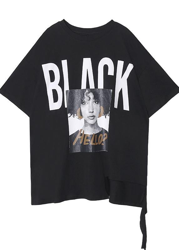 Style Black Letter Cotton Tunic Top O Neck Dresses Shirt