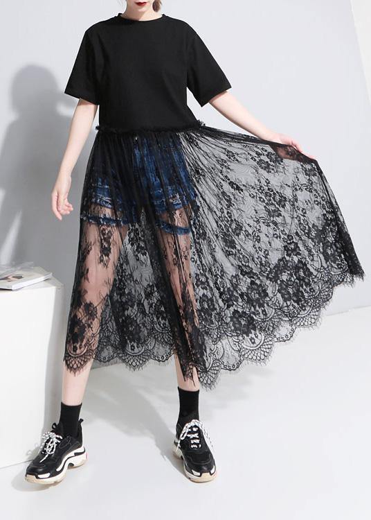 Style Black Cotton Tunics Lace Big Hem Kaftan Patchwork Sundress