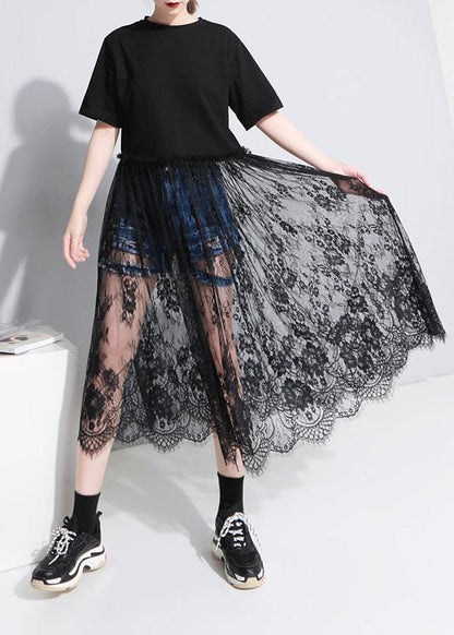 Style Black Cotton Tunics Lace Big Hem Kaftan Patchwork Sundress