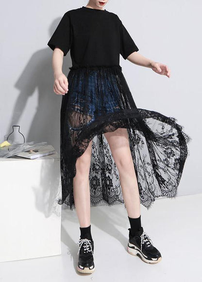 Style Black Cotton Tunics Lace Big Hem Kaftan Patchwork Sundress