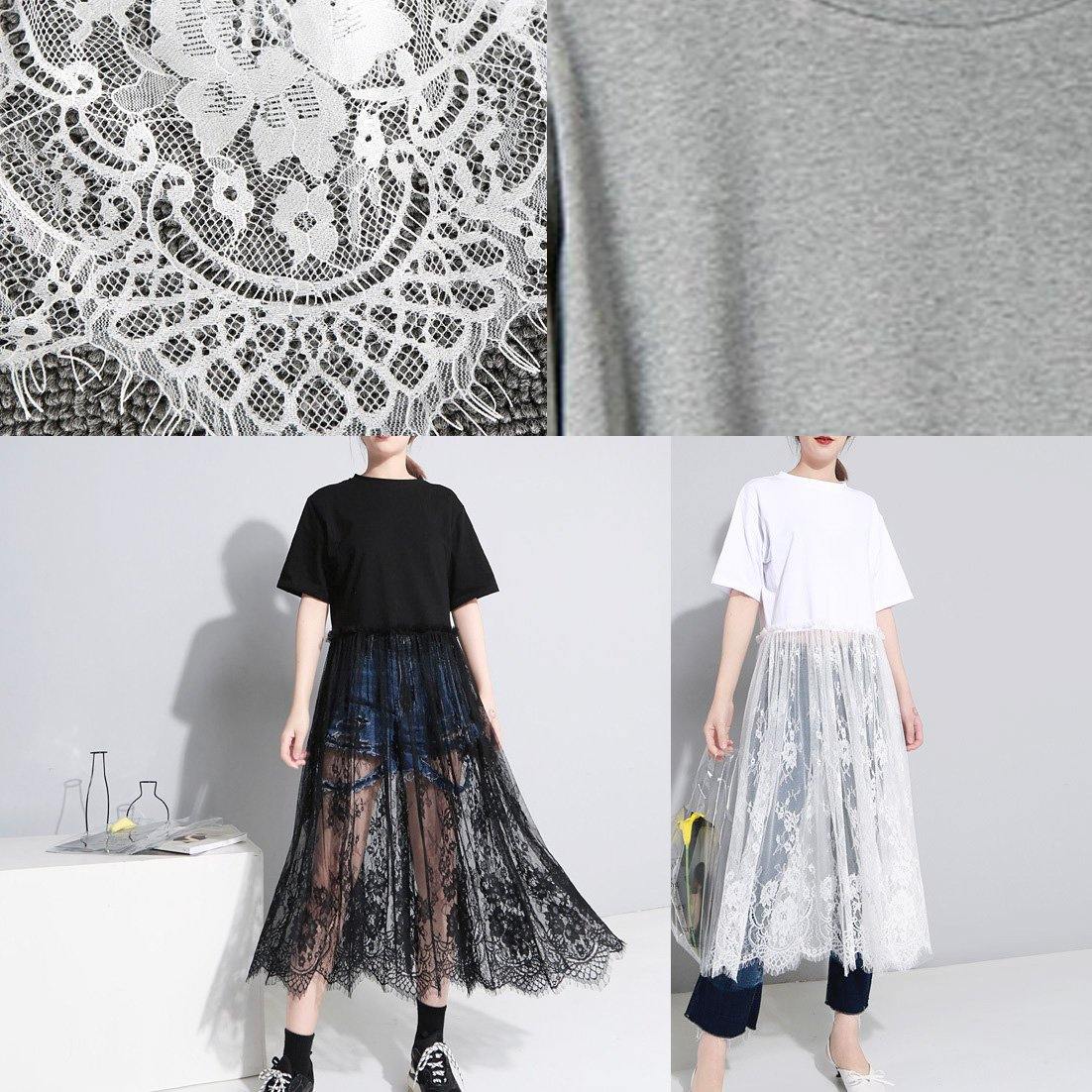 Style Black Cotton Tunics Lace Big Hem Kaftan Patchwork Sundress