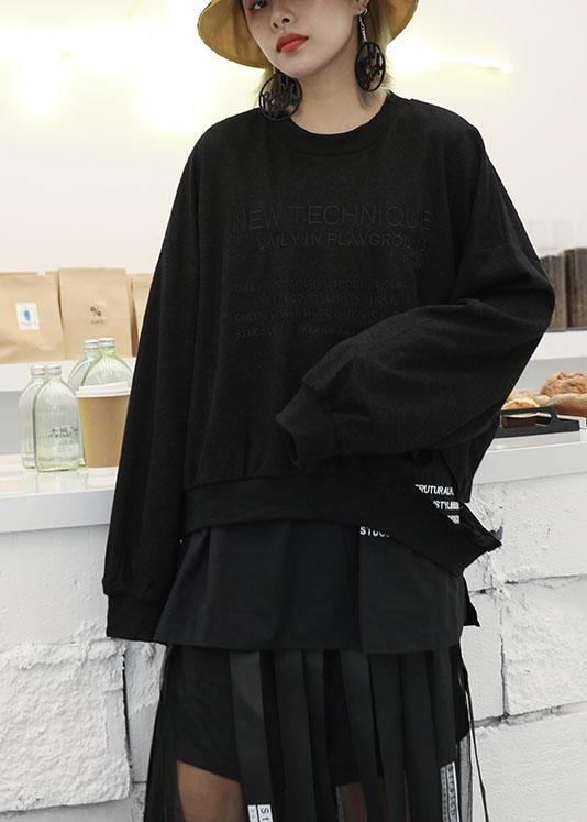 Style Black Cotton Blouses for Ripped Hem Art Fall Shirts