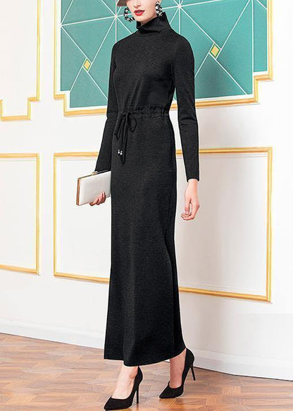 Style Black Cotton Clothes High Neck Cotton Robes Side Open Dresses