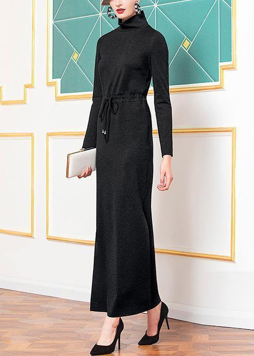 Style Black Cotton Clothes High Neck Cotton Robes Side Open Dresses