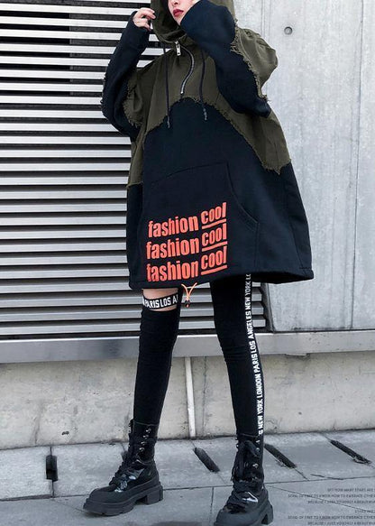 Style black cotton crane tops hooded winter Dresses patchwork tops
