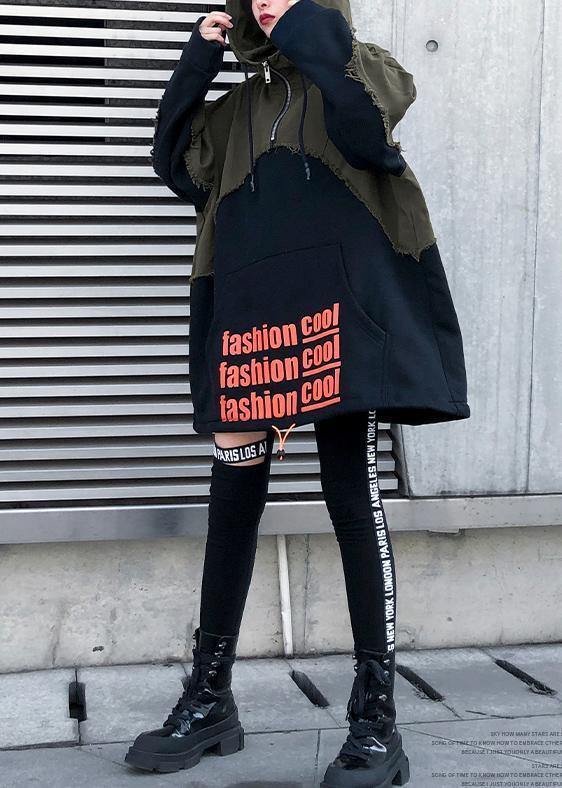 Style Black Cotton Crane Tops Hooded Winter Dresses Patchwork Tops