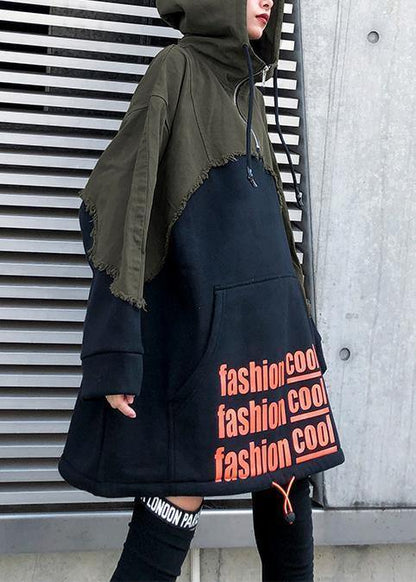 Style black cotton crane tops hooded winter Dresses patchwork tops