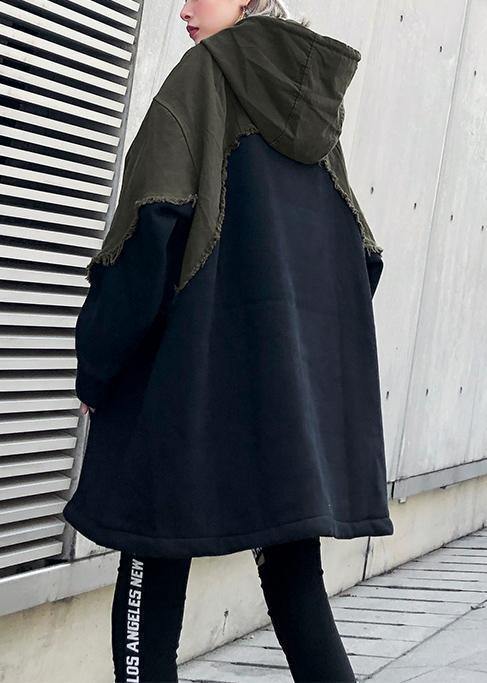 Style Black Cotton Crane Tops Hooded Winter Dresses Patchwork Tops