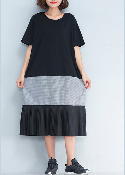 Style Black Cotton Outfit Korea Inspiration Patchwork O Neck Dresses Summer Dress