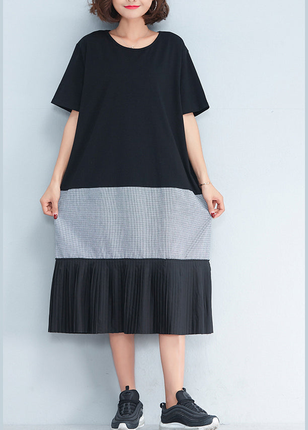 Style Black Cotton Outfit Korea Inspiration Patchwork O Neck Dresses Summer Dress