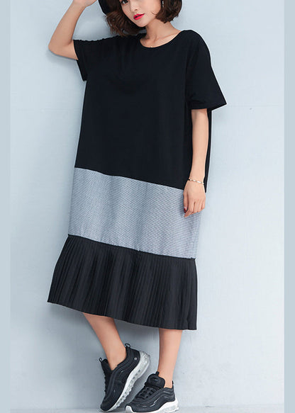 Style Black Cotton Outfit Korea Inspiration Patchwork O Neck Dresses Summer Dress