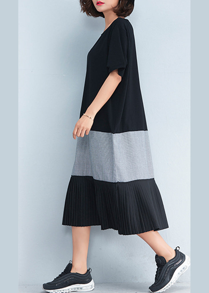 Style Black Cotton Outfit Korea Inspiration Patchwork O Neck Dresses Summer Dress