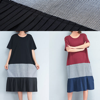 Style Black Cotton Outfit Korea Inspiration Patchwork O Neck Dresses Summer Dress