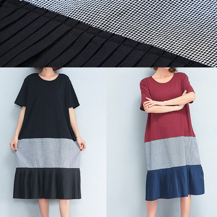 Style Black Cotton Outfit Korea Inspiration Patchwork O Neck Dresses Summer Dress