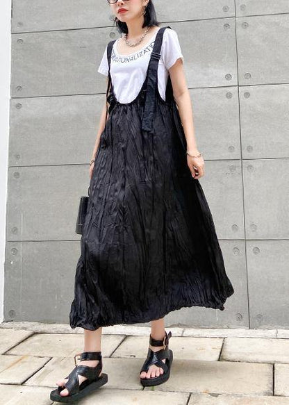 Style Black Cotton Quilting Dresses Spaghetti Strap Cinched Long Summer Dress