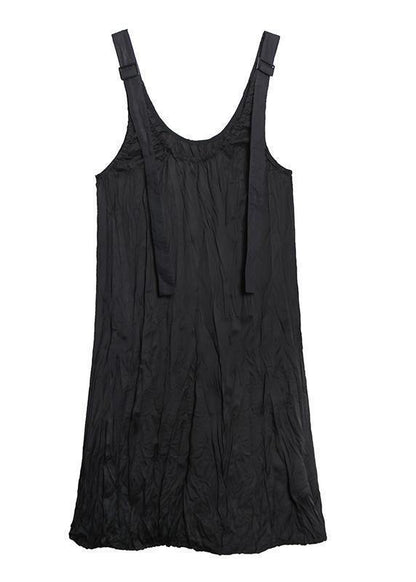 Style Black Cotton Quilting Dresses Spaghetti Strap Cinched Long Summer Dress