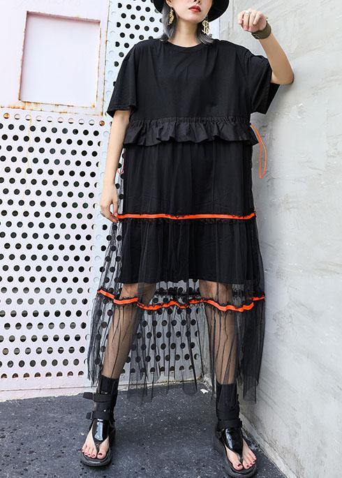 Style Black Cotton Tunic Dress Patchwork Tulle Dresses Ruffles Dress
