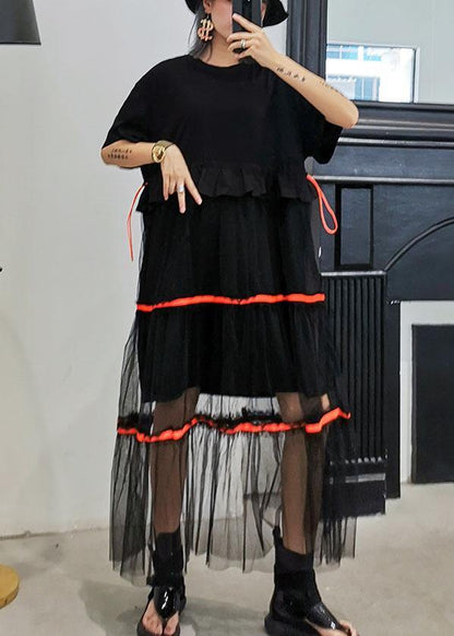 Style Black Cotton Tunic Dress Patchwork Tulle Dresses Ruffles Dress