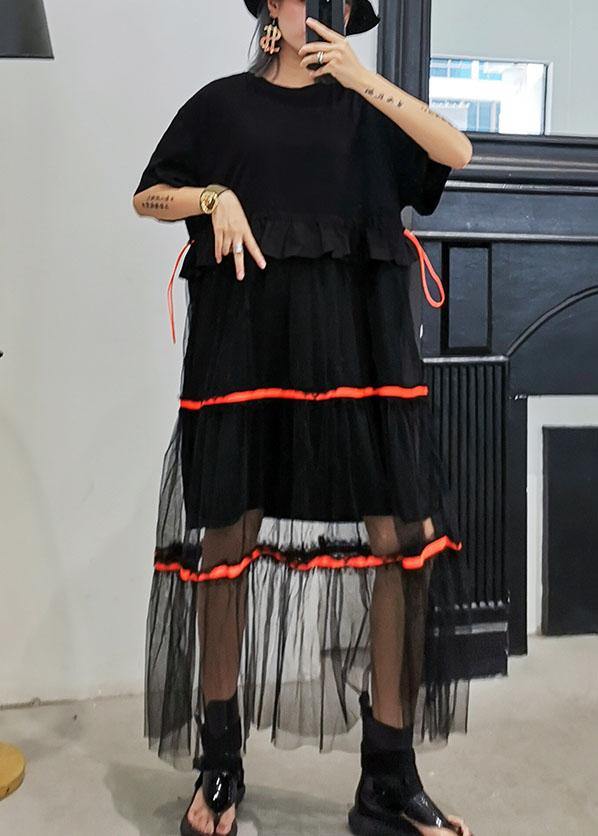 Style Black Cotton Tunic Dress Patchwork Tulle Dresses Ruffles Dress