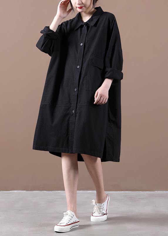 Style Black Dress Lapel Side Open Loose Spring Dress