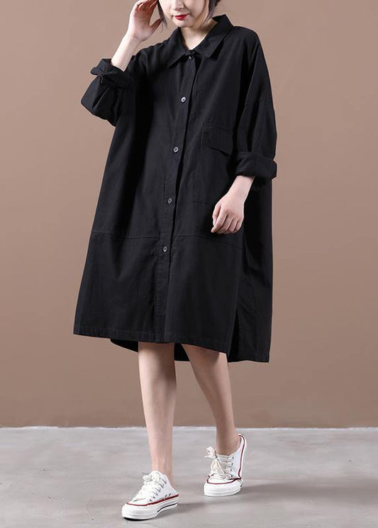 Style Black Dress Lapel Side Open Loose Spring Dress