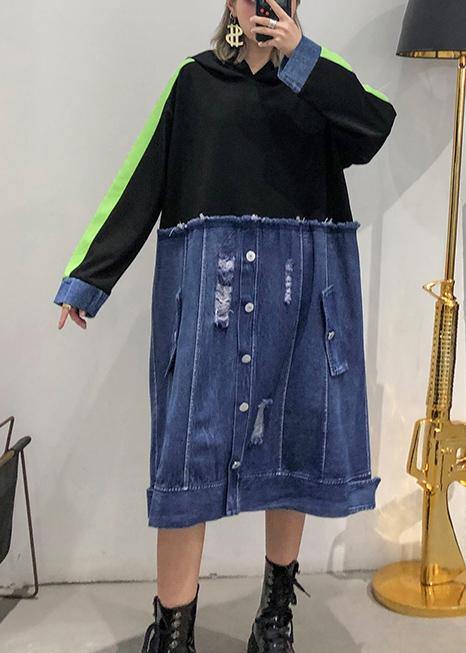 Style Black Patchwork Denim Blue Outfit Hooded Hole Shift Dresses