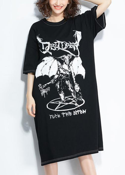 Style Black Print Cotton Quilting Clothes Pattern O Neck Cotton Summer Dresses