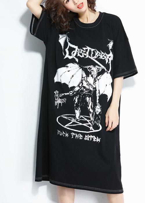 Style Black Print Cotton Quilting Clothes Pattern O Neck Cotton Summer Dresses