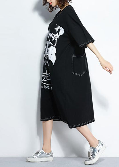 Style Black Print Cotton Quilting Clothes Pattern O Neck Cotton Summer Dresses