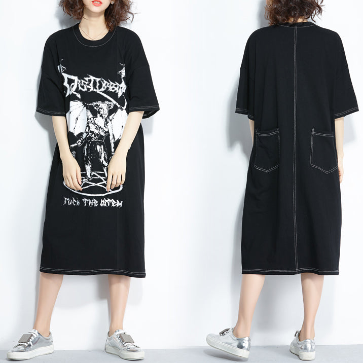 Style Black Print Cotton Quilting Clothes Pattern O Neck Cotton Summer Dresses