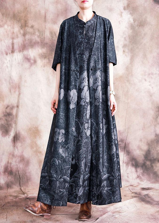 Style Black Print Cotton Tunic Stand Collar Chinese Button Sleeveless Kaftan Fall Dress