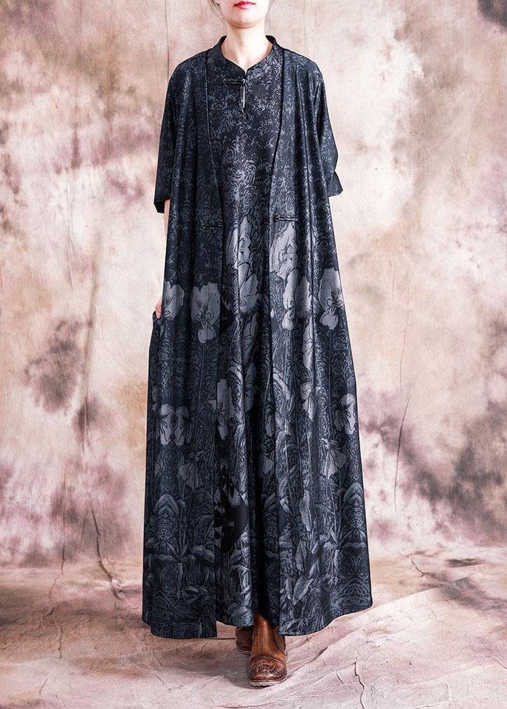 Style Black Print Cotton Tunic Stand Collar Chinese Button Sleeveless Kaftan Fall Dress