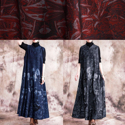 Style Black Print Cotton Tunic Stand Collar Chinese Button Sleeveless Kaftan Fall Dress
