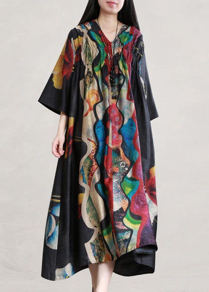 Style Black Print Outfit V Neck Flare Sleeve Dresses Summer Dress