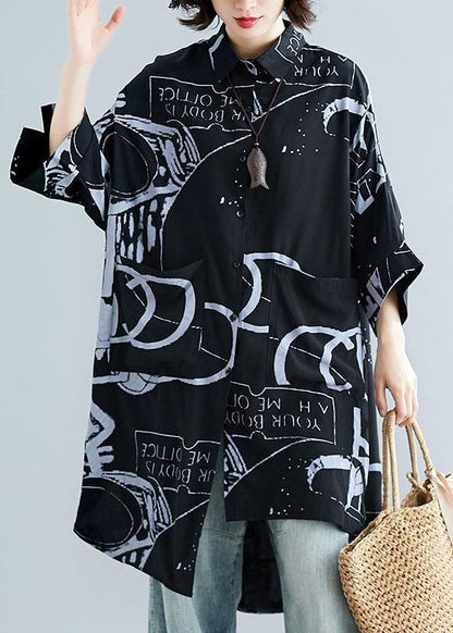 Style Black Prints Cotton Clothes for Lapel Collar Dresses Summer Tops