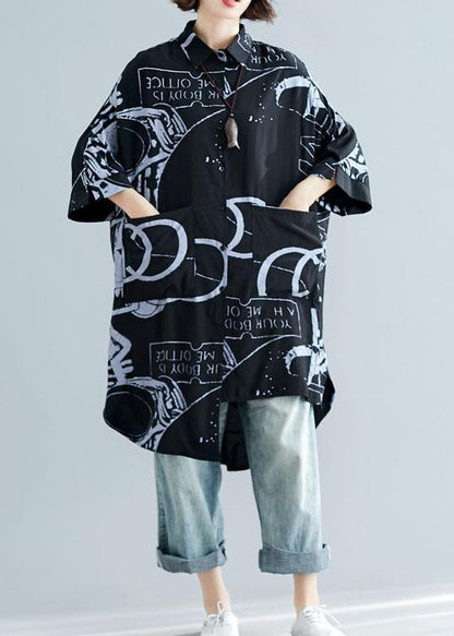 Style Black Prints Cotton Clothes for Lapel Collar Dresses Summer Tops
