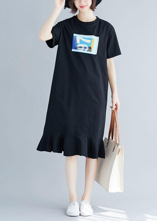 Style Black Prints Cotton Quilting Clothes Ruffles Hem Maxi Summer Dresses