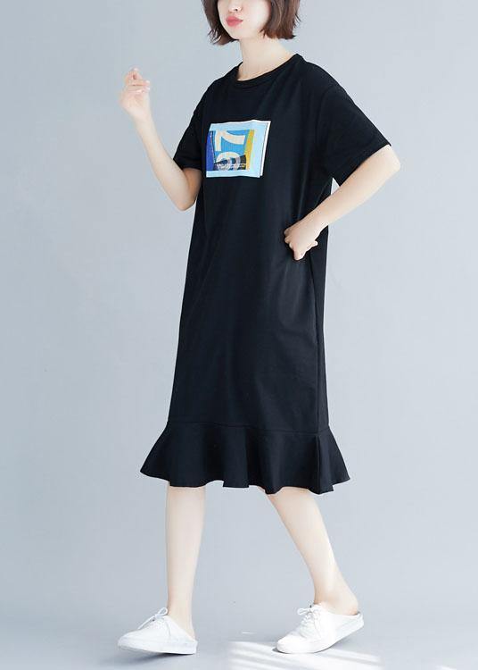 Style Black Prints Cotton Quilting Clothes Ruffles Hem Maxi Summer Dresses