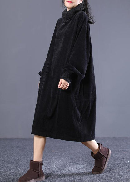 Style Black Quilting Dresses High Neck Pockets Dresses Spring Dresses