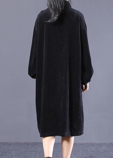Style Black Quilting Dresses High Neck Pockets Dresses Spring Dresses