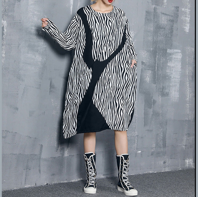 Style Black Striped Chiffon Dress Shape Baggy Dress