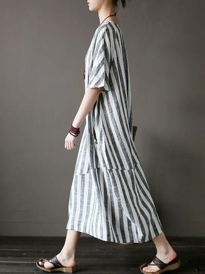 Style Black Striped Cotton Tunics for O Neck Patchwork Art Dress