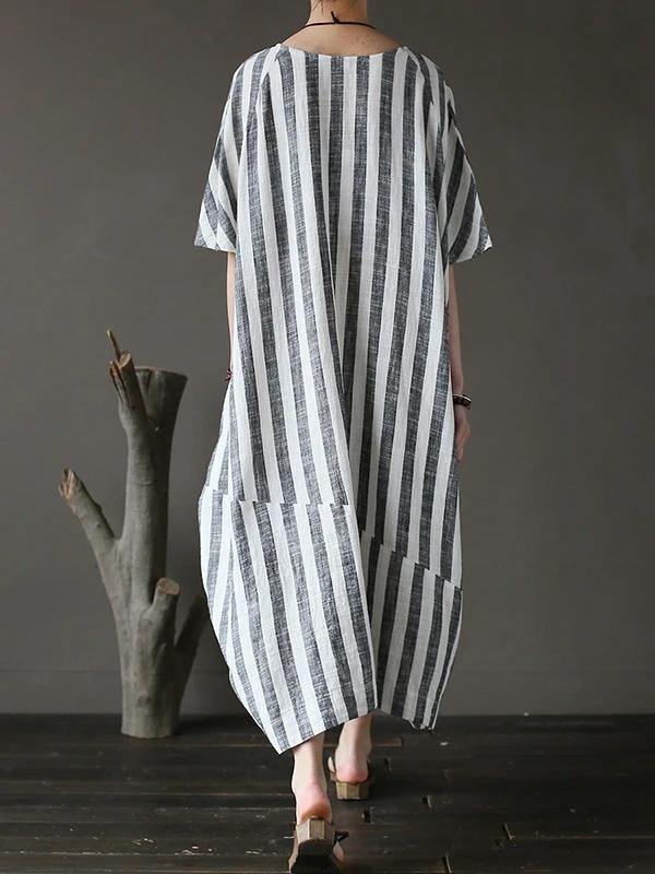 Style Black Striped Cotton Tunics for O Neck Patchwork Art Dress