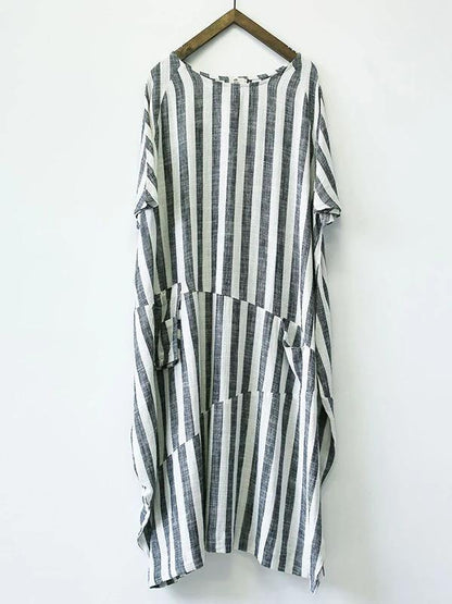 Style Black Striped Cotton Tunics for O Neck Patchwork Art Dress