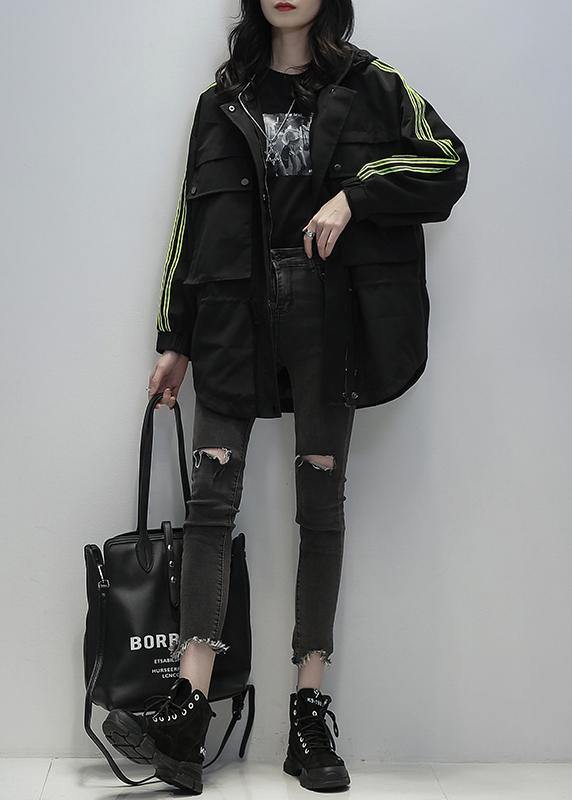 Style Black Clothes for Hooded Patchwork Pockets Jackets
