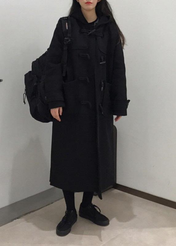 Style Black Fine Trench Coat Cotton Side Open Hooded Coats