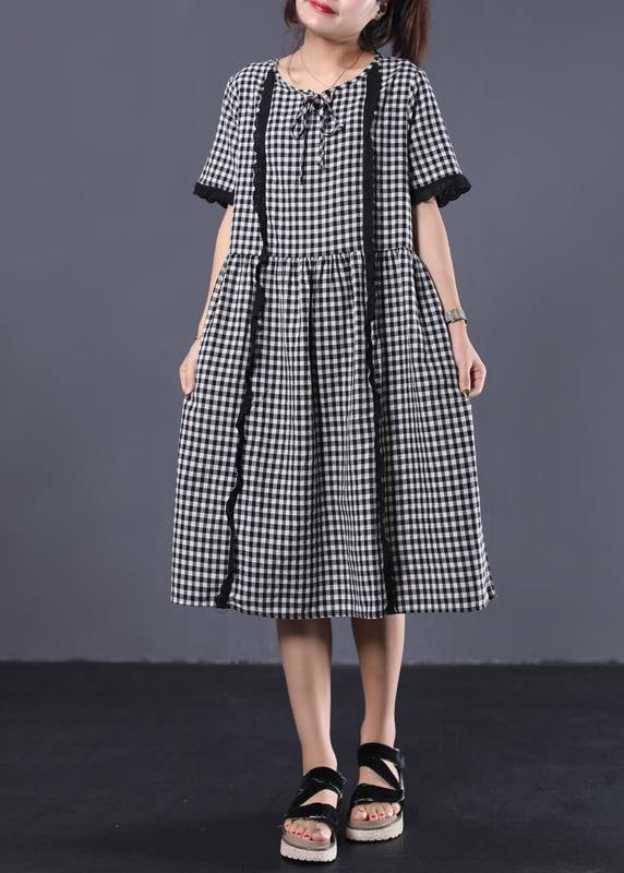 Style Black White Plaid Cotton Tunic Patchwork Ruffles Cotton Summer Dress
